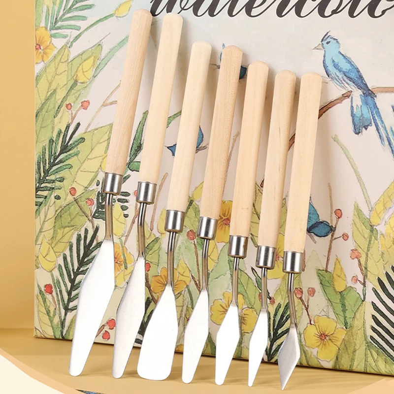 7 unids/set de cuchillos de pintura al óleo de acero inoxidable, juego de artesanías para artistas, espátula, paleta, cuchillo, pintura al óleo, cuchillo para mezclar, raspador, herramientas de arte