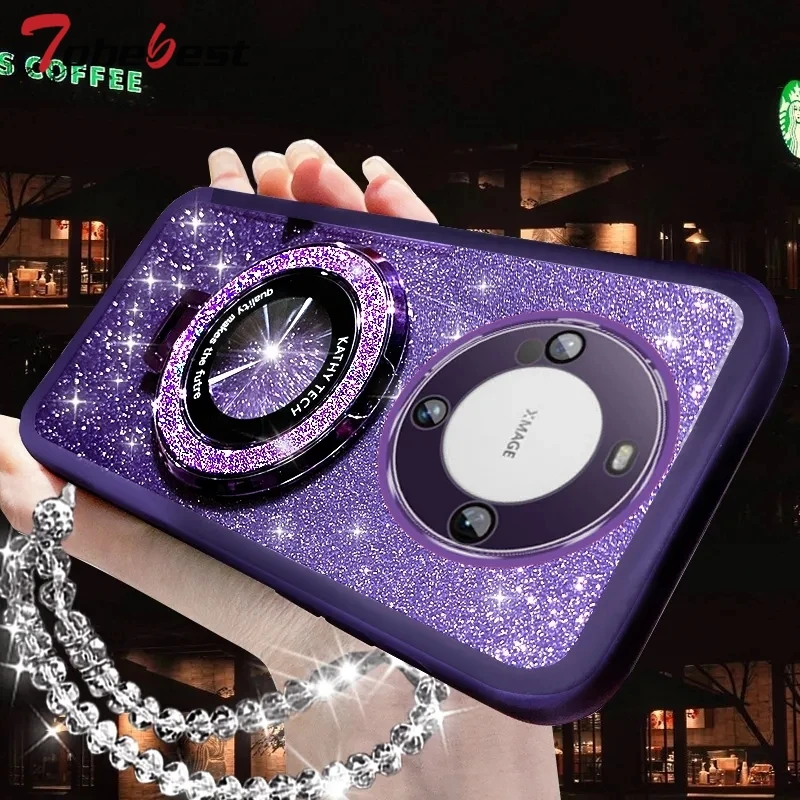 Funda de silicona con soporte Magsafe para Huawei Mate 60, 50, 40, 30, 20 Pro, pulsera de cristal brillante - imagen 2