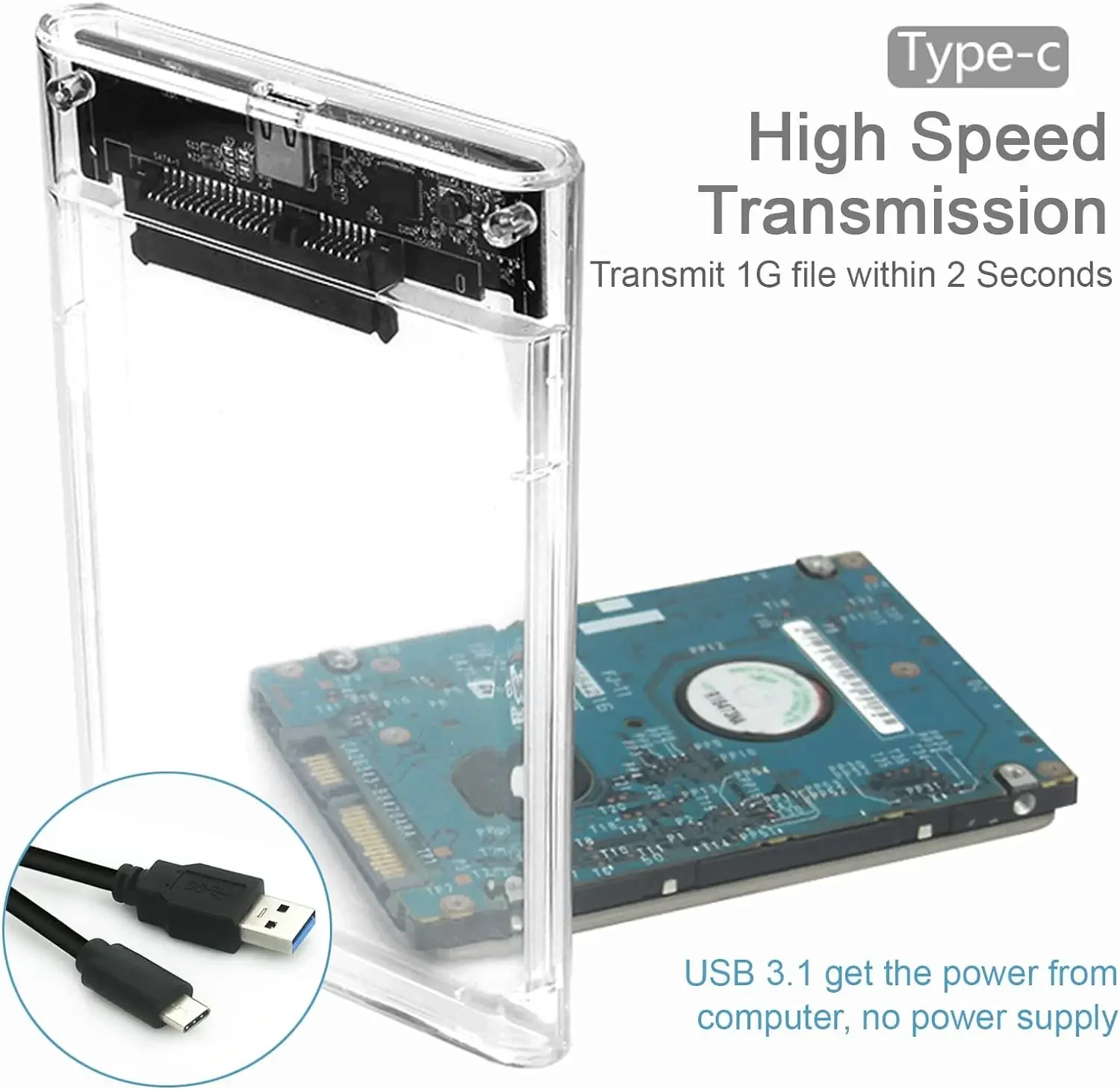 Caja de disco duro de 2,5 ", estuche de almacenamiento externo transparente sin herramientas, ultrarrápido, 5Gbps para HDD SATA de 7mm/9,5mm y Material ABS SSD - imagen 4