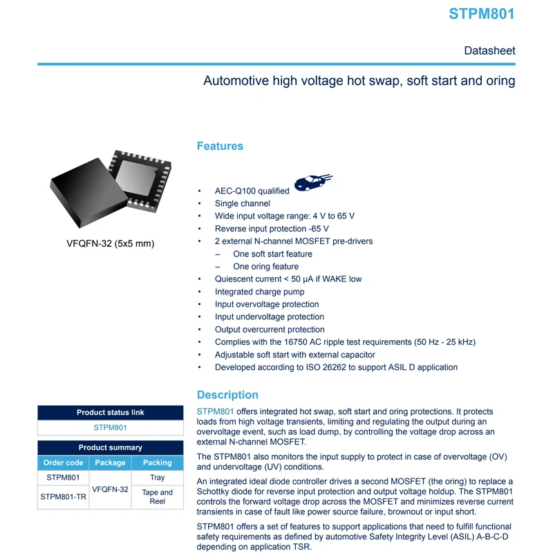 2 uds STPM801-TR VFQFN-32 STPM801 Protector contra sobretensiones/parafoudre enchufe caliente automotriz de alto voltaje, arranque suave y Chip de junta tórica - imagen 2