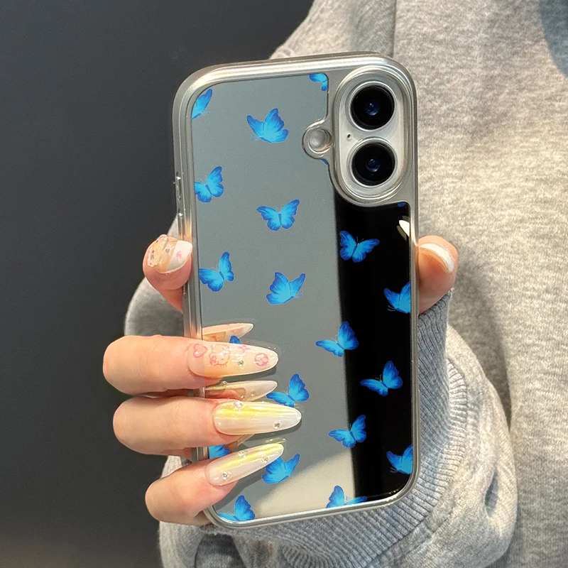Ins lleno de mariposas azules borde plateado epoxi TPU caja de teléfono anticaída para iPhone XR/11/12/13/14/15/16/17 Pro Max - imagen 2