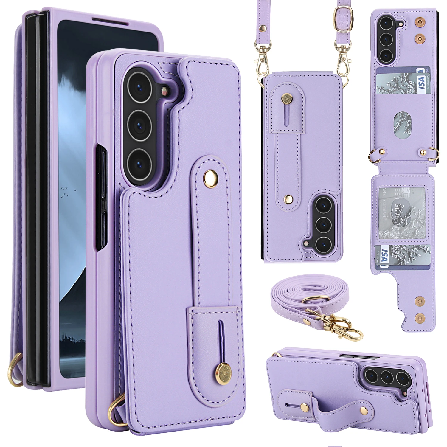 Funda de cuero tipo billetera con pulsera cruzada para Samsung Galaxy Z Fold 7 6 5 4 5G, funda con diseño de muñeca con doble botón magnético y ranura para tarjetas