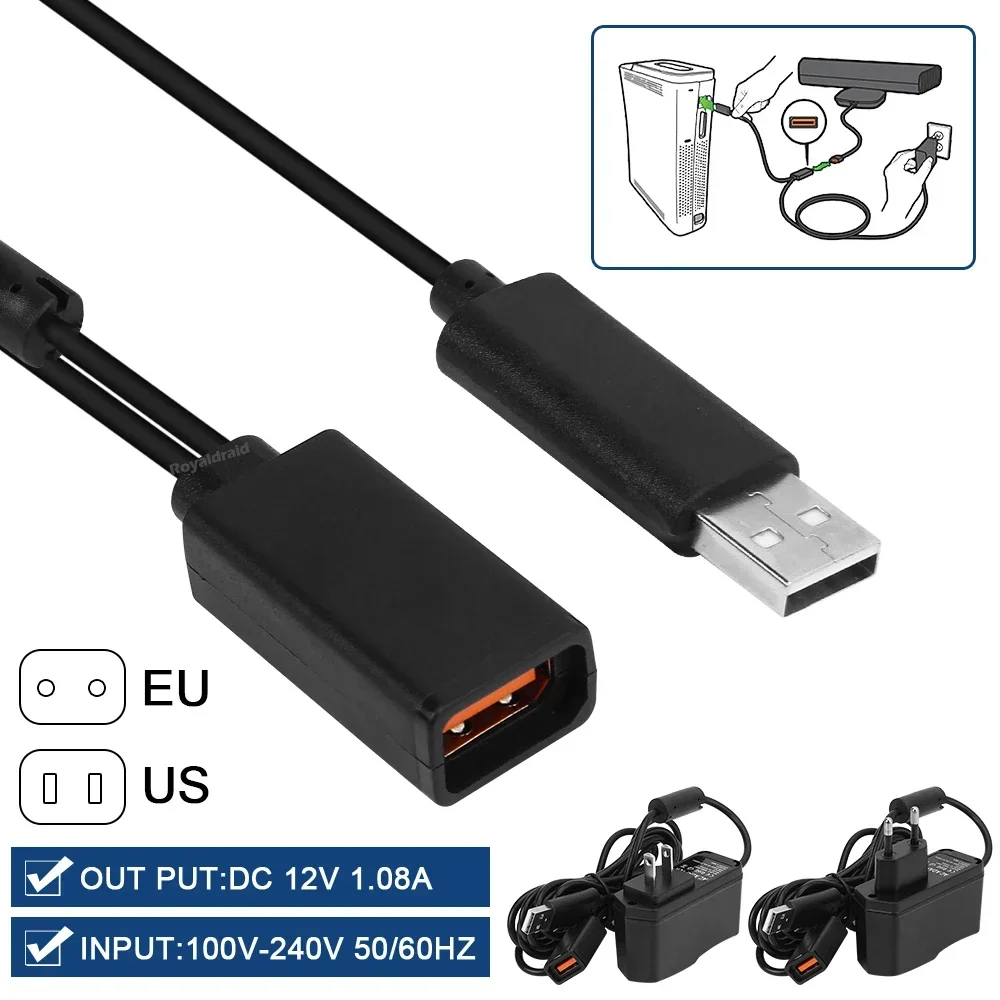 Nueva UE EE. UU. para Xbox 360 enchufe USB adaptador de CA fuente de alimentación con Cable de carga USB para Xbox 360 X-360 Slim Kinect Sensor acceso al juego - imagen 3