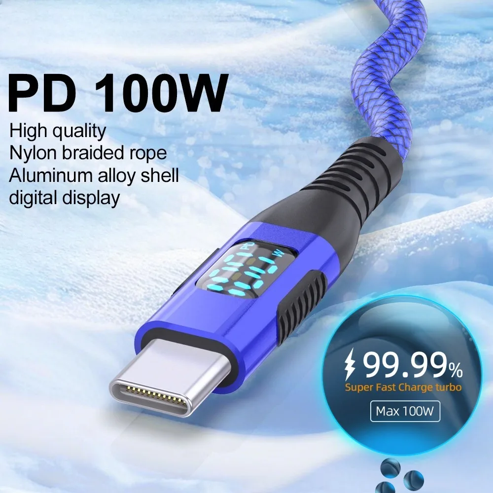 Cable de carga rápida PD trenzado de nailon, 60W, 100W, tipo C a USB C, con pantalla LED, para teléfono, Huawei, Xiaomi, Samsung, 1M, 2M, 3M