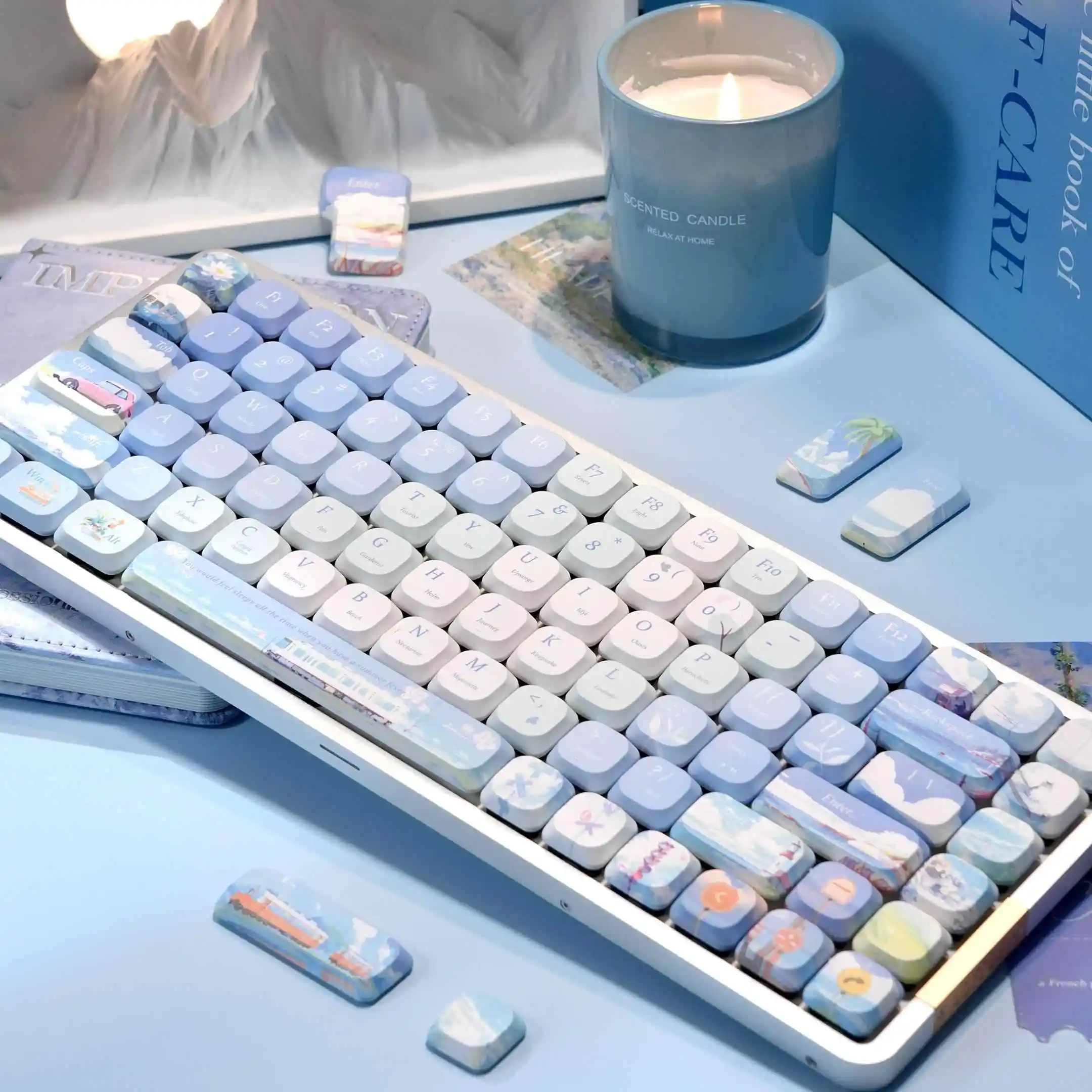 120 teclas Cool Summer cinco lados sublimación de tinte teclas PBT teclas delgadas de perfil bajo para interruptores MX Teclado mecánico para jugar