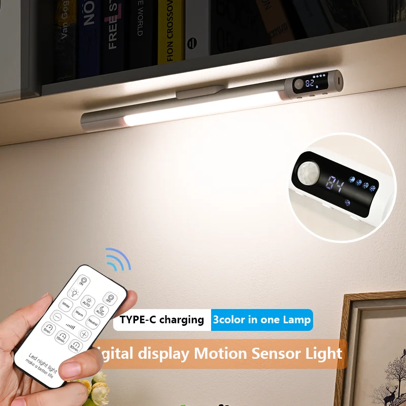Luz nocturna con Sensor de movimiento, luces recargables USB tipo C, luces de gabinete para cocina, control remoto, pantalla Digital LED - imagen 2