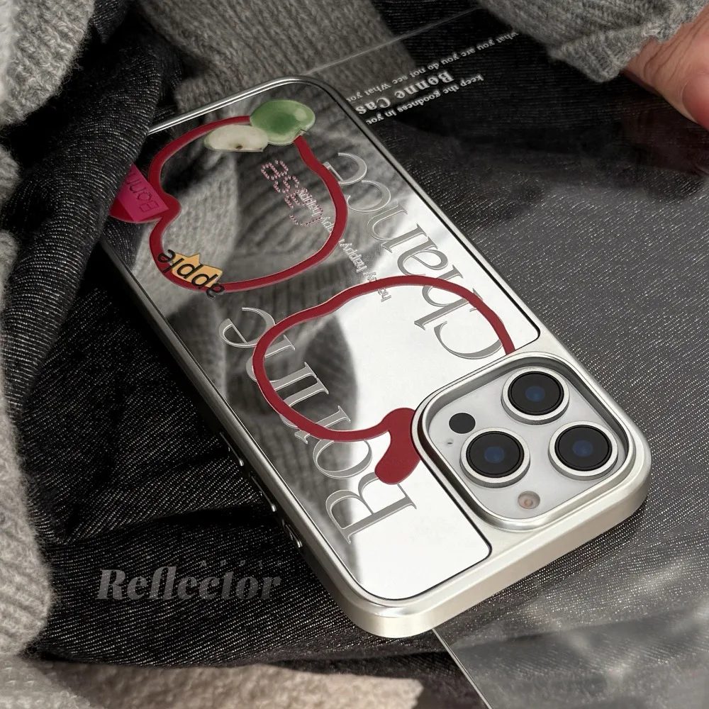 Funda de teléfono anticaída epoxi con borde plateado y patrón de manzana tipo espejo para iPhone XR/11/12/13/14/15/16/17 Pro Max - imagen 4