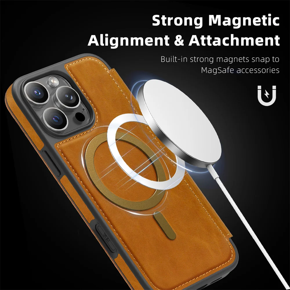 Funda de teléfono con imán de cuero con tapa magnética de lujo para iPhone 16E 15 16 17 Pro Max 14 13 12 11 funda con soporte para tarjetas con ranura - imagen 3