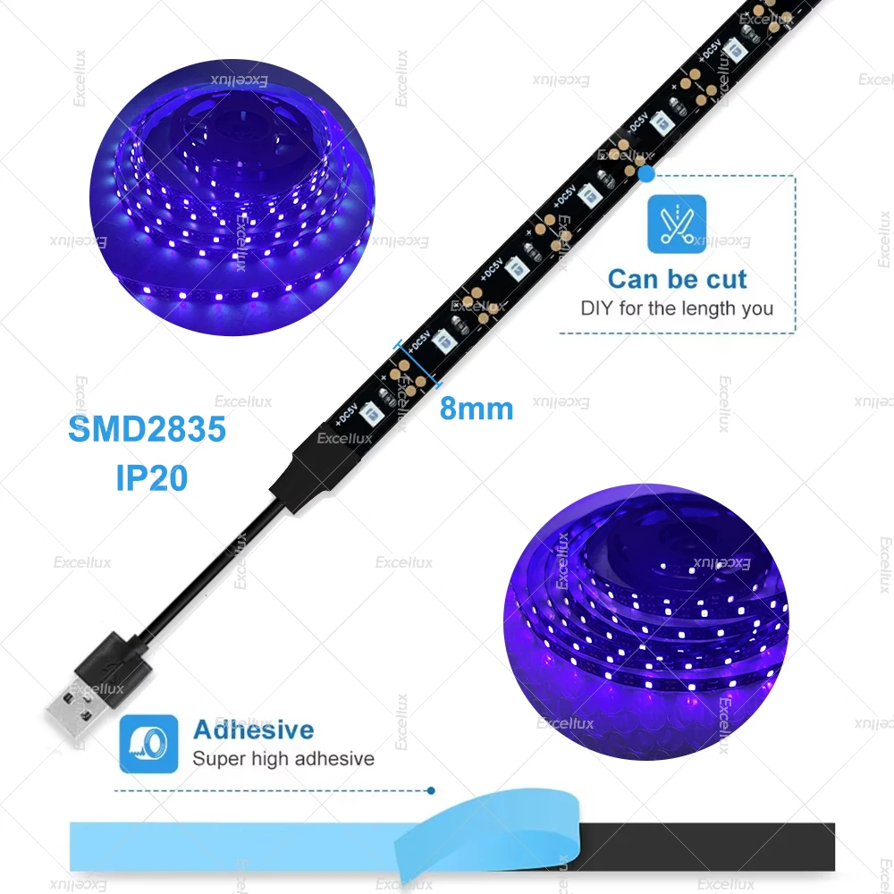Tira de luz LED UV, cinta USB Flexible, lámpara UV ultravioleta de 395-405nm, luz negra 2835 DC 5V, cinta LED para fluorescencia de fiesta brillante - imagen 5