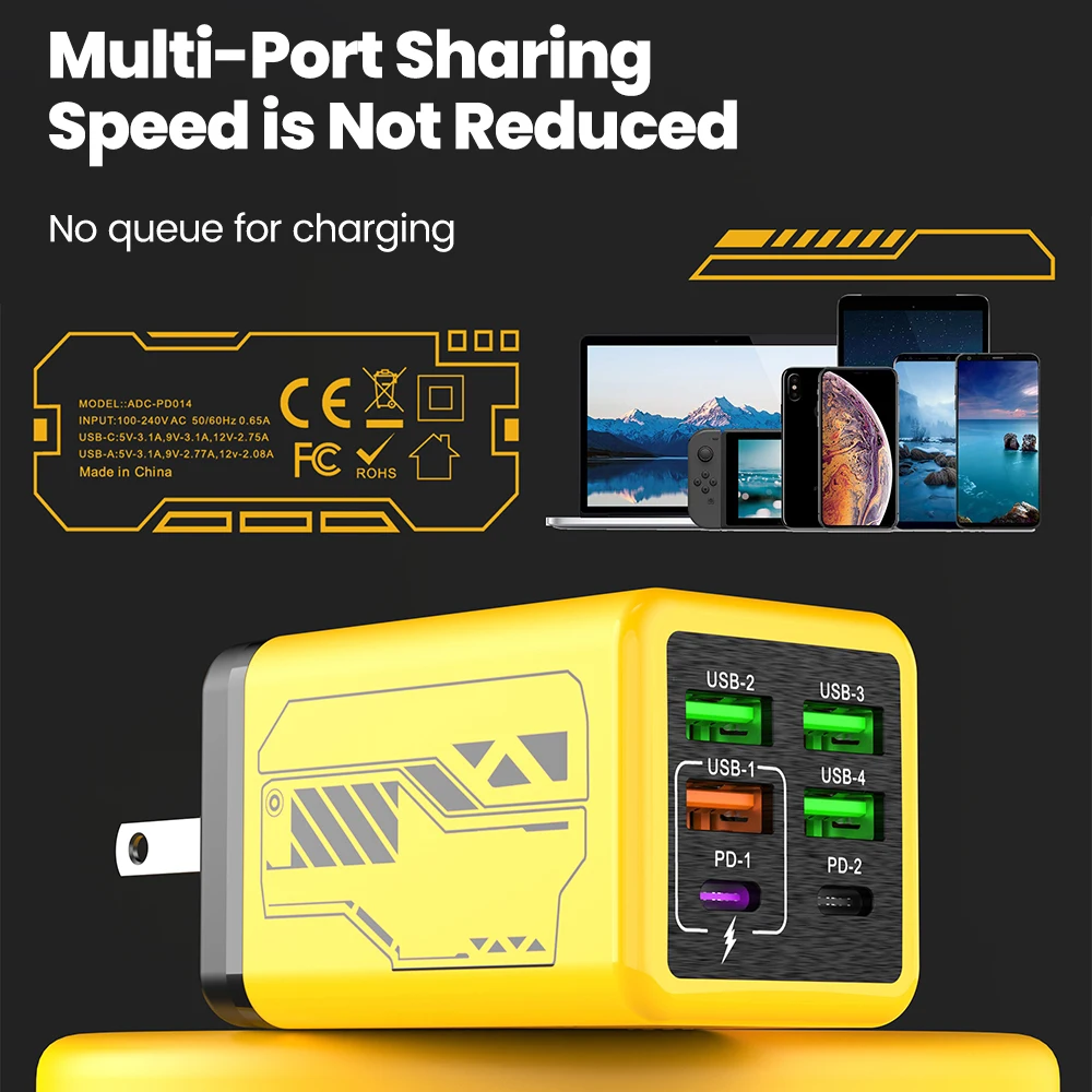 Cargador USB C de 6 puertos carga rápida 3,0 tipo C cargadores de teléfono USB adaptador de carga rápida para iPhone 15 14 Samsung Xiaomi Huawe - imagen 5