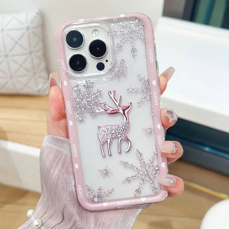 Funda de teléfono con ciervo y copo de nieve para iPhone 17 16 15 14 Pro Max 13 12 11 Pro Air 7 8 Plus XS XR X 16e, funda transparente suave, regalos de navidad