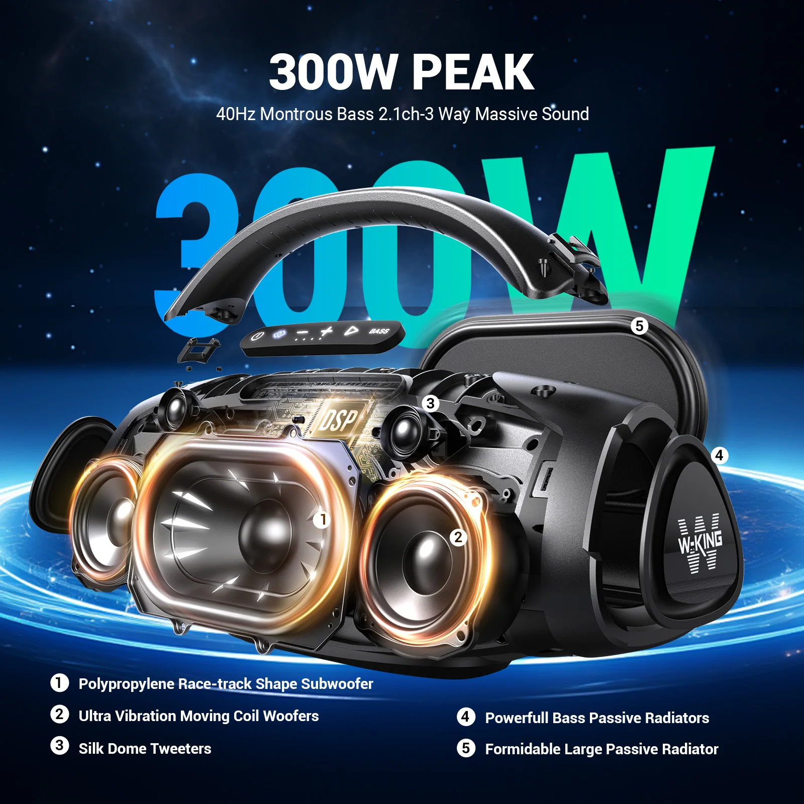 W-KING D20 Altavoces Bluetooth portátiles, 200W RMS Massive Bass Party Boombox IPX7 Altavoz impermeable Grande, Altavoz exterior fuerte - imagen 5