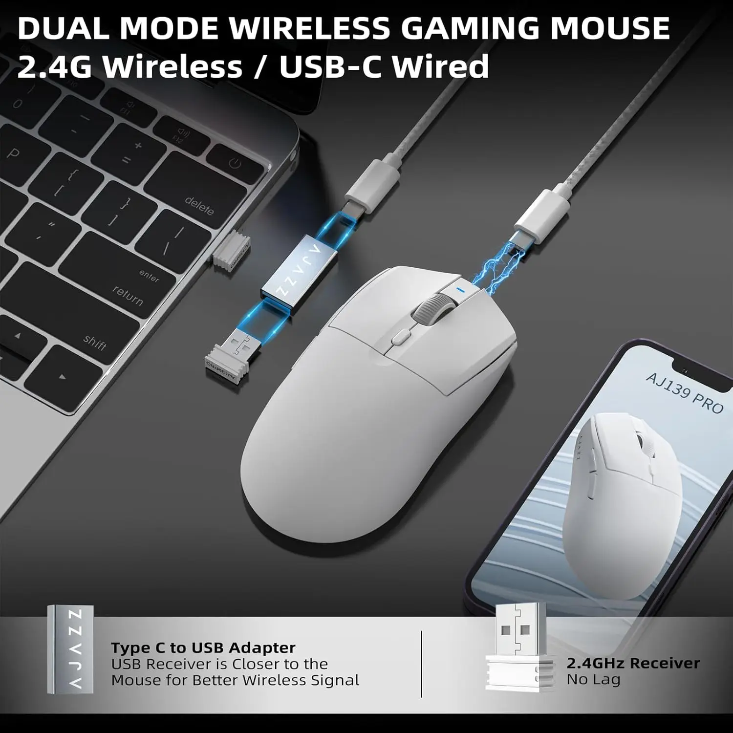 Ratón inalámbrico para juegos AJAZZ AJ139PRO, modo dual 2,4G/inalámbrico, sensor PAW3395 de 26000 DPI, 59 g, ligero, ergonómico para diestros - imagen 2