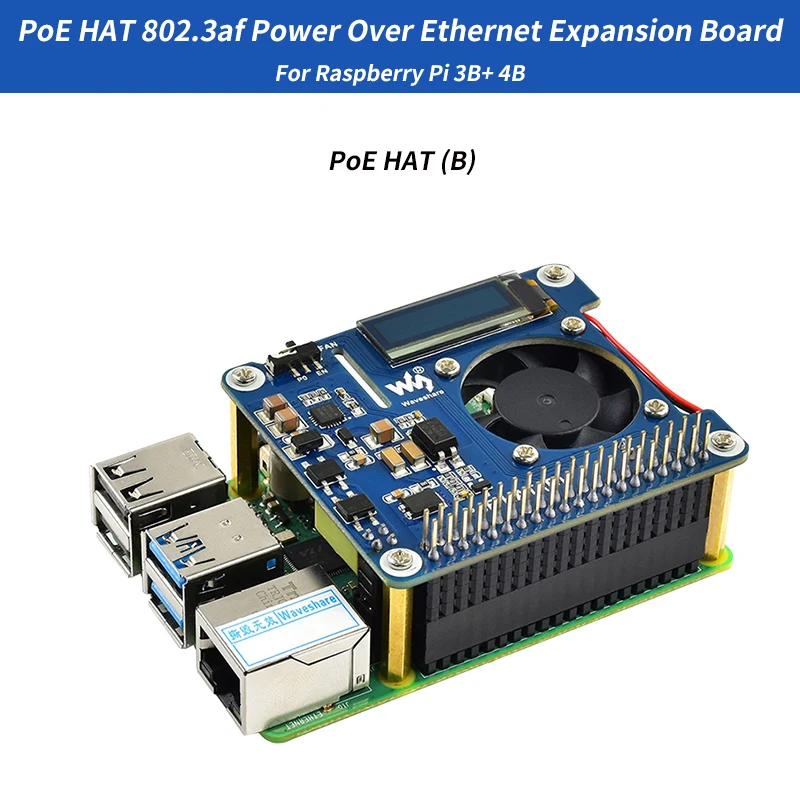 Raspberry Pi Power Over Ethernet Placa de expansión PoE HAT 802.3af con ventilador de refrigeración temperatura OLED para Raspberry Pi 3B + 4B