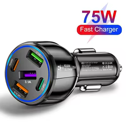 Cargador de coche USB tipo C de 75W, cargador de teléfono PD de 5 puertos, adaptador de corriente de carga rápida 3,0 para iPhone, Samsung, Xiaomi y Huawei