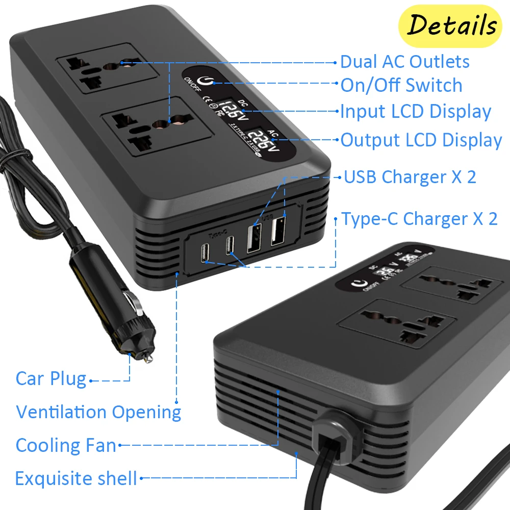 Inversor portátil para coche, transformador de voltaje USB montado, potencia de 200W, CC de 12V a CA, 110V/220V, Clip de batería USB de conversión - imagen 3