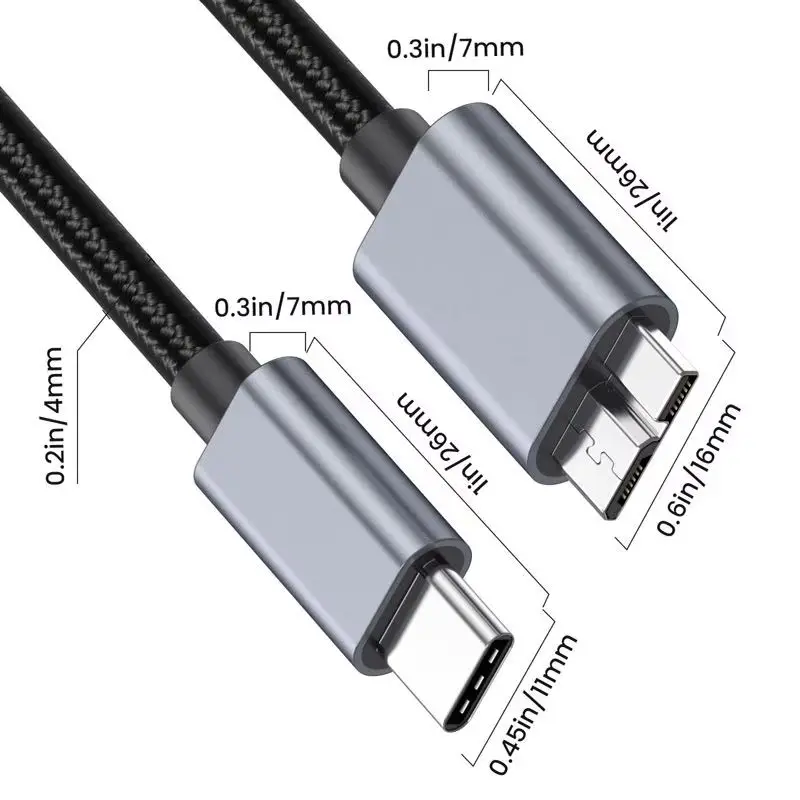 Carcasa de Metal con malla de algodón USB3.1 tipo C a disco duro Micro B 3,0, Cable de carga de datos de computadora 5V 3A 5GB de velocidad de transmisión - imagen 2