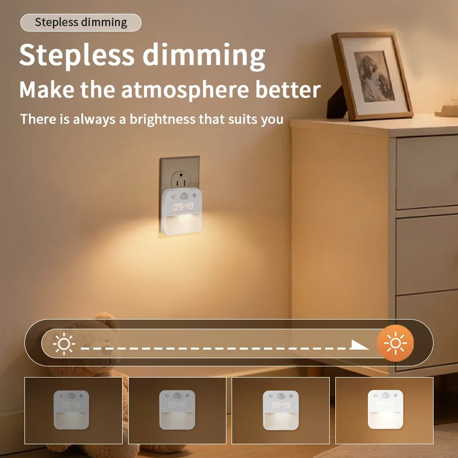 Reloj de luz nocturna con detección de movimiento humano, enchufe estándar UE/EE. UU., 110V-220V, atenuación infinita, pantalla de conmutación de tres colores - imagen 4