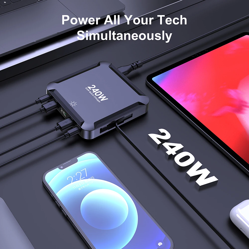 Ubigbuy-cargador GaN de 240W, estación de carga rápida con pantalla Digital, Cable retráctil USB C de 100W para iPhone 17, Samsung, MacBook - imagen 3