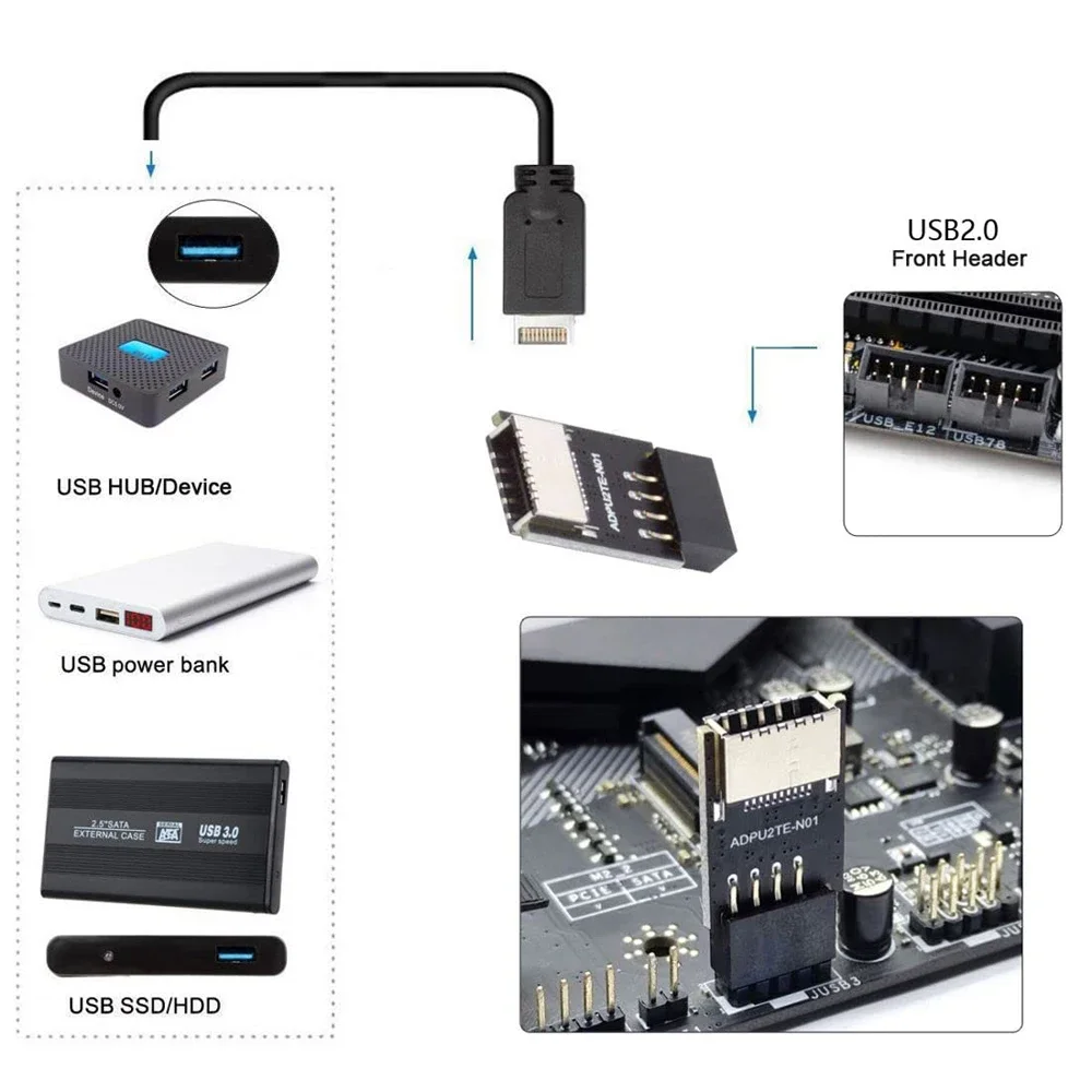 Placa base USB 2,0 de 9 pines a USB C tipo E, cabezal de Panel frontal, enchufe Key-A a conector de 9 pines, adaptador de extensión para PC de escritorio - imagen 5