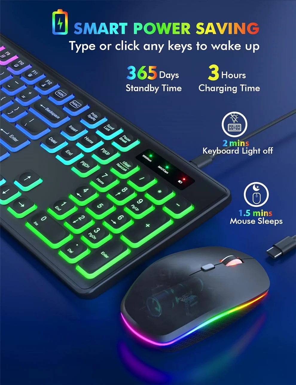 Jomaa-Juego de teclado y ratón inalámbricos de tamaño completo, retroiluminado RGB, para ordenador, portátil, luz LED, teclado recargable, peine para ratón - imagen 5