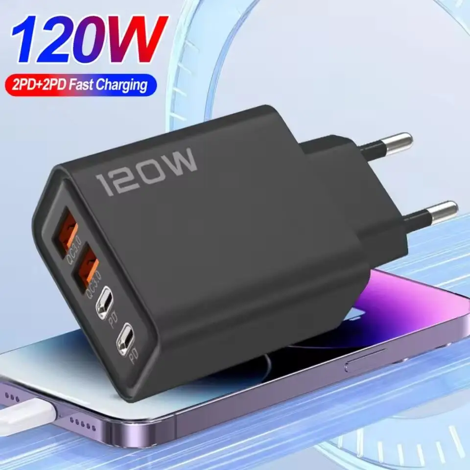 Cargador USB C de 4 puertos, cargador de teléfono de carga rápida de 120W, adaptador de corriente para iPhone, Samsung, Xiaomi, Huawei tipo C, cargador de pared rápido