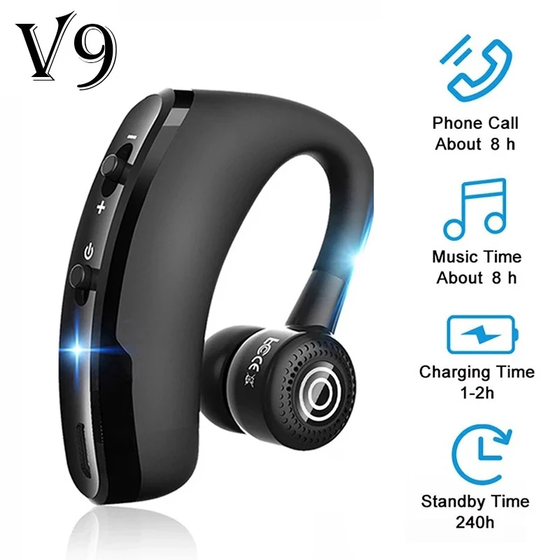V9 auriculares inalámbricos Bluetooth V5.0 negocios Larga modo de reposo Control de voz gancho para la oreja auriculares deportivos de música con movimiento del controlador de micrófono