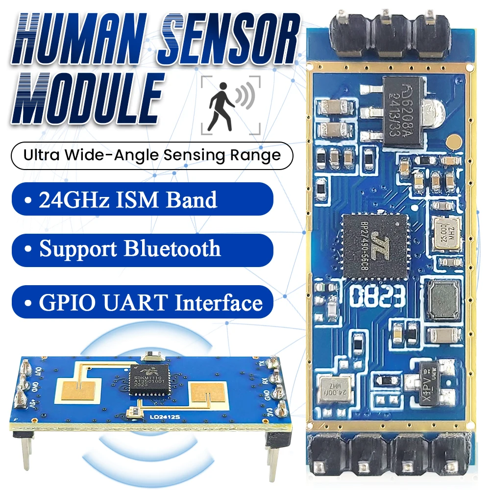 Sensor de módulo de Radar de detección de presencia humana LD2412, sensores móviles corporales sensibles a frecuencia ISM de 24GHz, salida GPIO UART de 9M, 7 pines