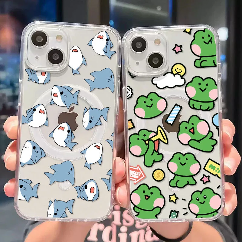 Funda de teléfono magnética Magsafe con dibujos de rana y tiburón para Samsung Galaxy S25 S24 S23 S22 S21 S20 FE Plus Ultra 5G, funda transparente suave