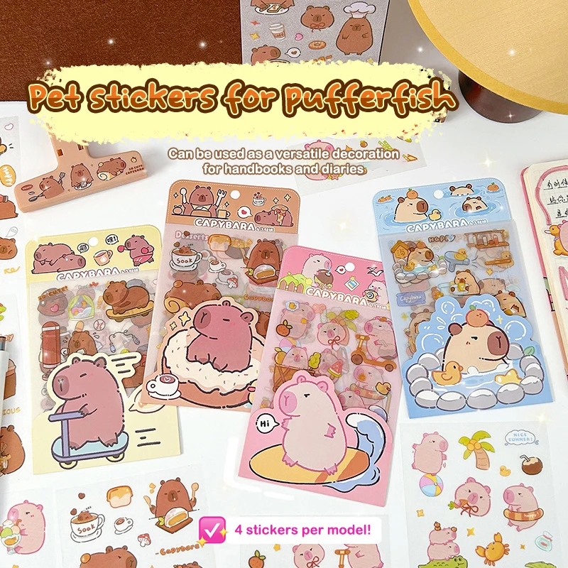 Pegatinas esmeriladas Kawaii Capybara, decoración de diario de dibujos animados, álbum de recortes, diario, papelería estética, escuela, 4 hojas - imagen 2