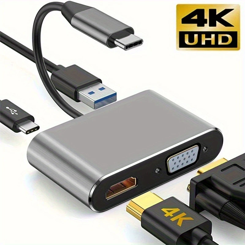 Adaptador multipuerto USB C 4 en 1, estación de acoplamiento tipo C a 4K HDTV VGA 100W PD, divisor de carga rápida para MacBook Pro/Air Laptop