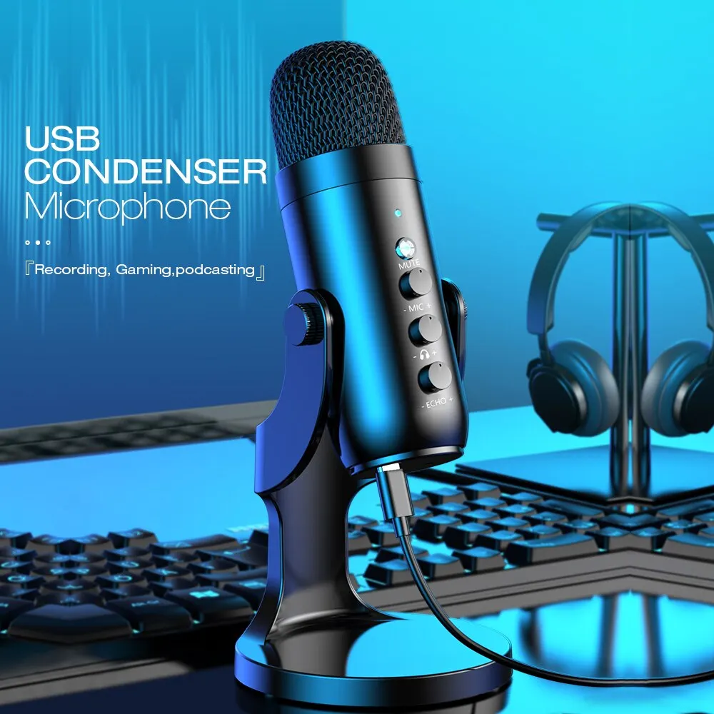 Haomuren Micrófono USB para PC Mac Gaming Grabación Stream Podcast, Micrófono de Condensador de Computadora con Adaptador de Teléfono Salida de Auriculares