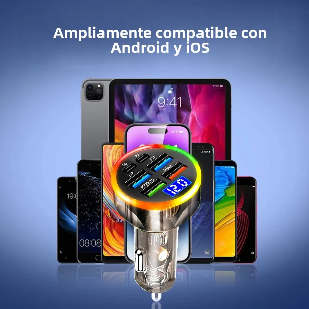 Cargador de coche Total de 200W, carga súper rápida 6 en 1, voltaje multipuerto para coche con pantalla Digital para vehículo, cargador de teléfono móvil para coche - imagen 4