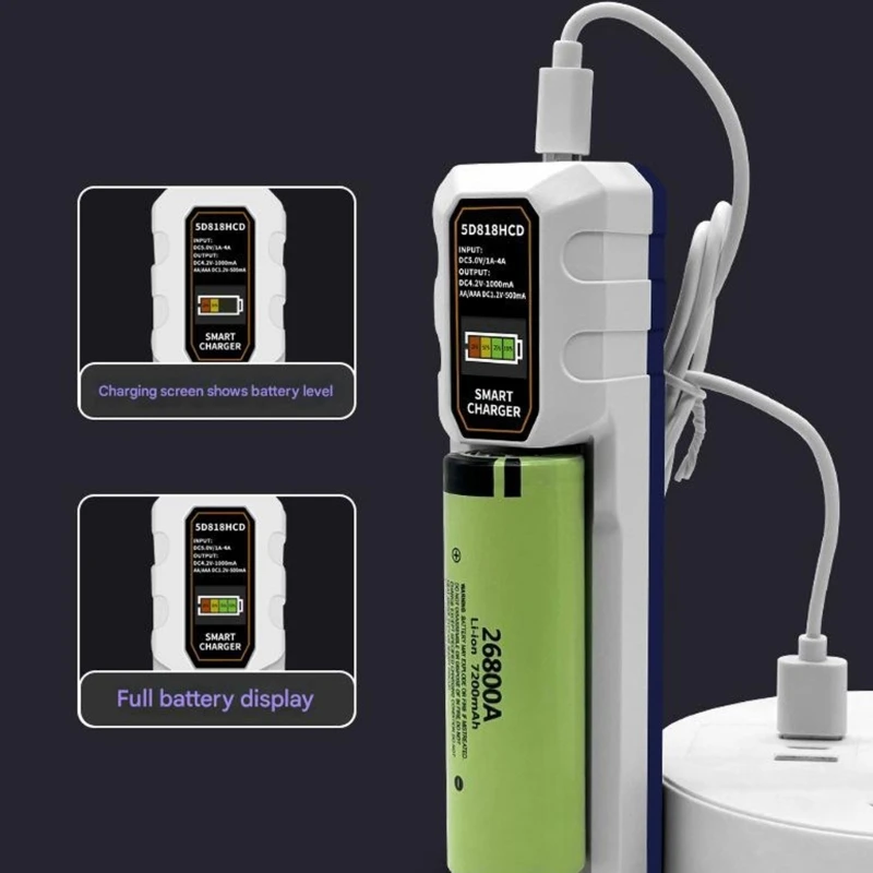 Cargador de batería 18650, cargador inteligente con pantalla LCD de un solo ranura para baterías AA AAA 3,7 V 4,2 V 26650 21700 18350 16340 18500 14500