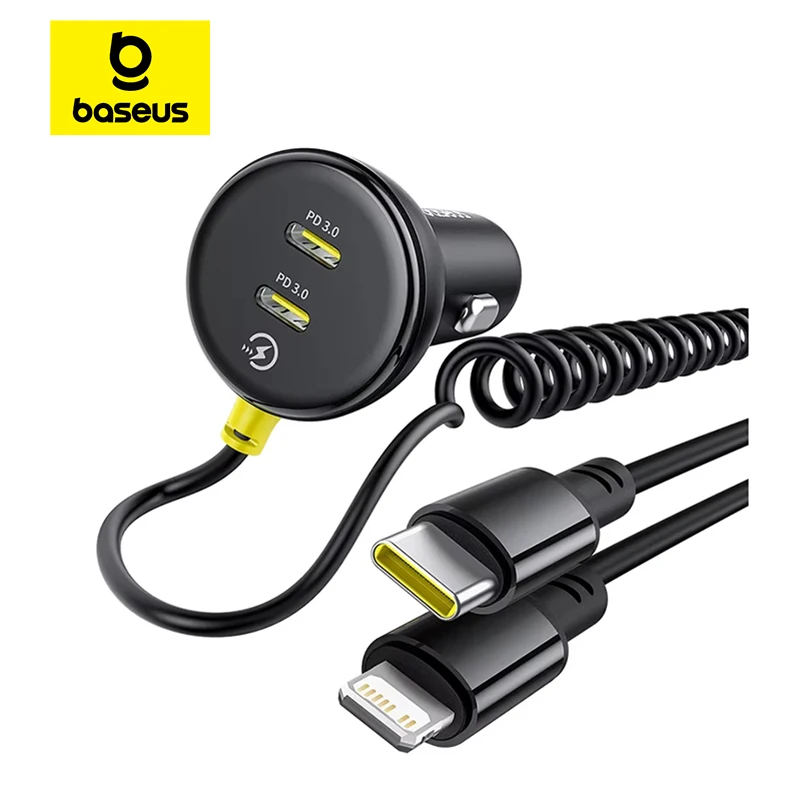 Baseus-cargador de coche de 60W, Cable de resorte retráctil PD QC SCP FCP AFC, carga rápida para iPhone, Samsung, Xiaomi, cargador de teléfono para coche