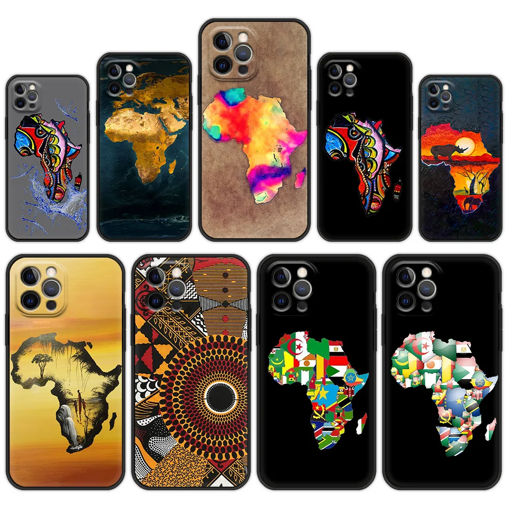 Funda de teléfono para iPhone 13, 15, 14, 12, 11 Pro MAX XR X SE XS 7 8 Plus, funda de silicona de lujo para iPhone 13, mapa de África, geografía pintada