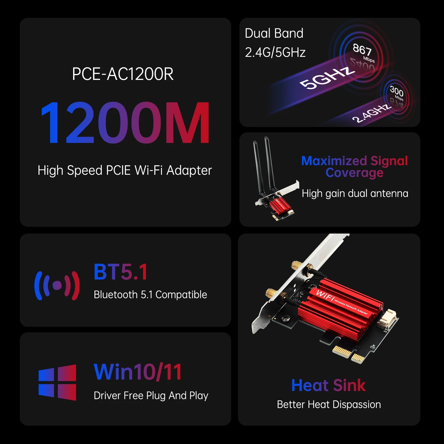 FENVI WiFi 5 RTL8822CE PCI-E adaptador inalámbrico 1200Mbps para Bluetooth 5,1 banda Dual 2,4G/5GHz 802.11AC tarjeta WiFi para PC Win 10/11 - imagen 2
