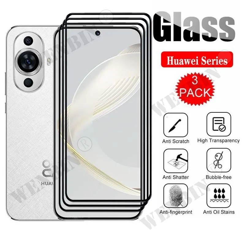 Protector de pantalla de vidrio templado curvo, cubierta completa para Huawei Nova 11, 10, 9 Pro, Y72, Y91, Y61, P60 Pro Art, P50, P40, P30 Pro, 3 unidades