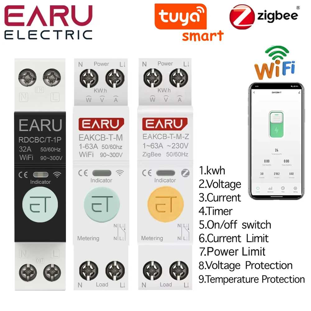 Zigbee TUYA WiFi disyuntor inteligente sobrecorriente bajo voltaje protección medición de potencia 1-63A interruptor de Control remoto inalámbrico