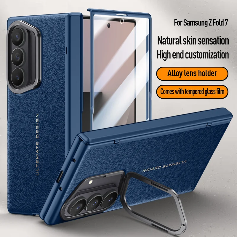 Funda protectora de cuero PU con pantalla de privacidad, película protectora de vidrio templado para Samsung Galaxy Z Fold7 5G, funda con soporte para cámara con bisagras de resorte - imagen 2