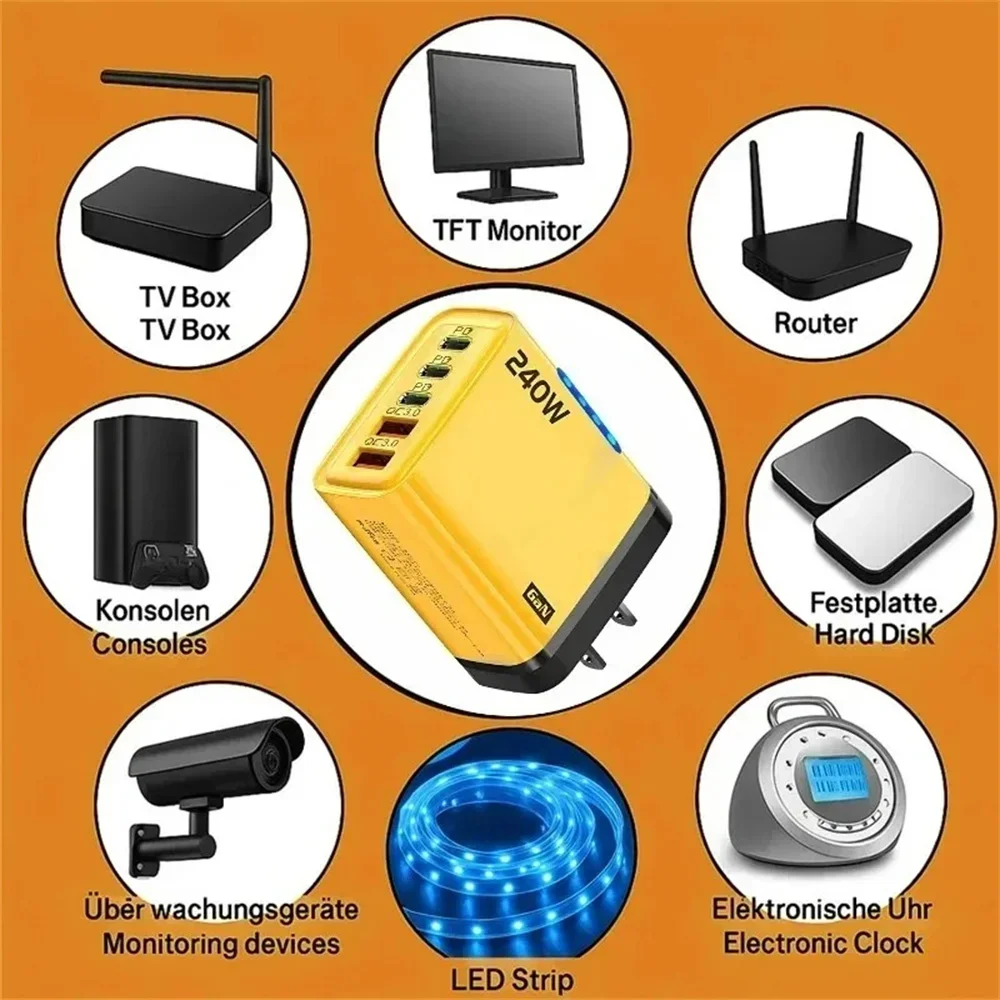 Cargador USB C PD de 5 puertos, adaptador de carga rápida QC3.0, múltiples dispositivos, cargador de escritorio Universal de pared simultánea - imagen 5