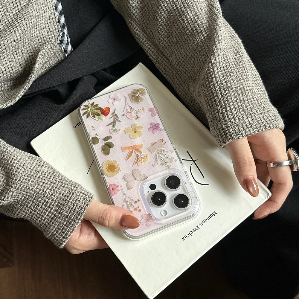 Funda de teléfono con flores secas reales prensadas bonitas para IPhone 16 15 14 Pro Max 13, funda suave para teléfono para Iphone 15 Pro, funda a prueba de golpes - imagen 5