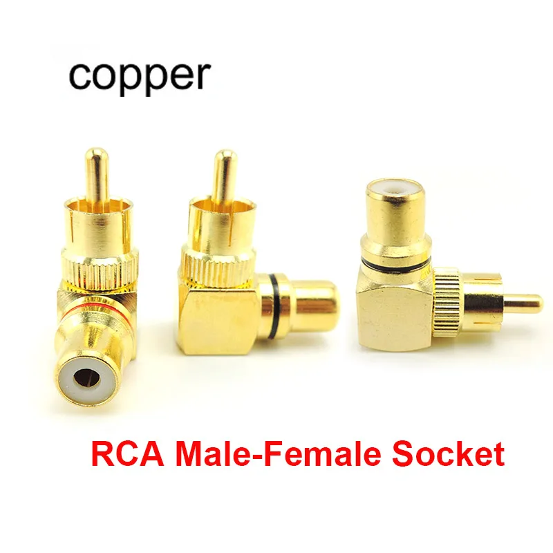 Conector RCA de ángulo recto macho a hembra, adaptadores de enchufe de 90 grados, conectores de Audio tipo L F a M, latón chapado en oro