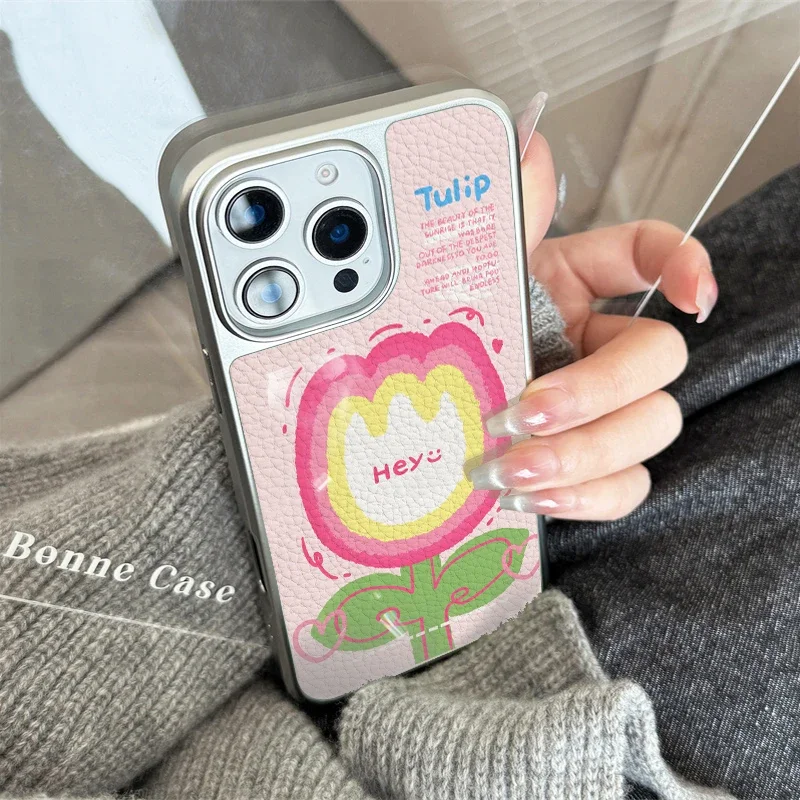 Funda de teléfono anticaída de TPU con textura de cuero de tulipán animado bonito para iPhone XR/11/12/13/14/15/16/17 Pro Max - imagen 3