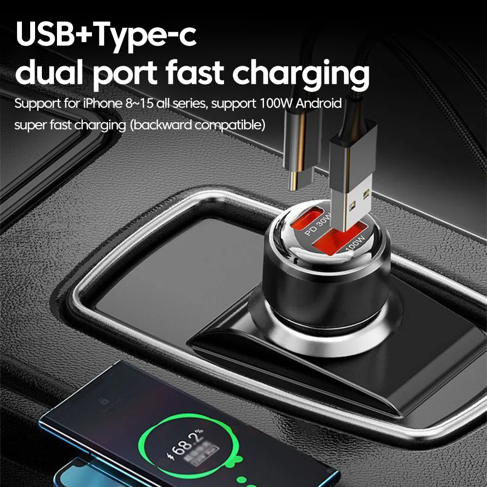 Encendedor de cargador de coche USB de 100W carga rápida para OPPO Huawei Xiaomi PD30W tipo C cargador de teléfono de coche para iPhone 16 15 - imagen 3