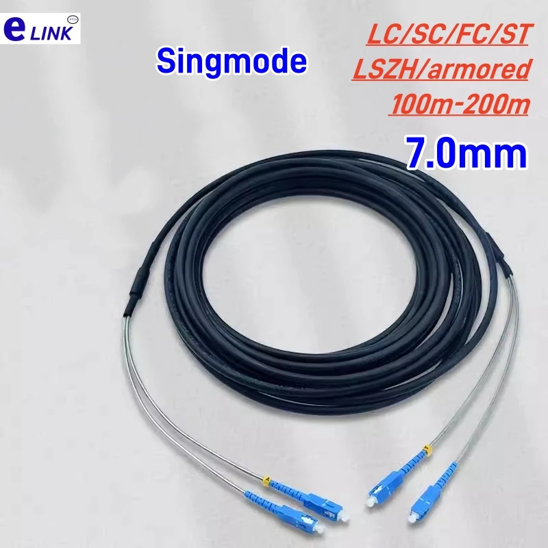 Cable de conexión de fibra óptica 7,0mm 2C monomodo 100m120m150m200m todo blindado LC SC FC ST SM cable de fibra de 2 núcleos puente FTTH para exteriores