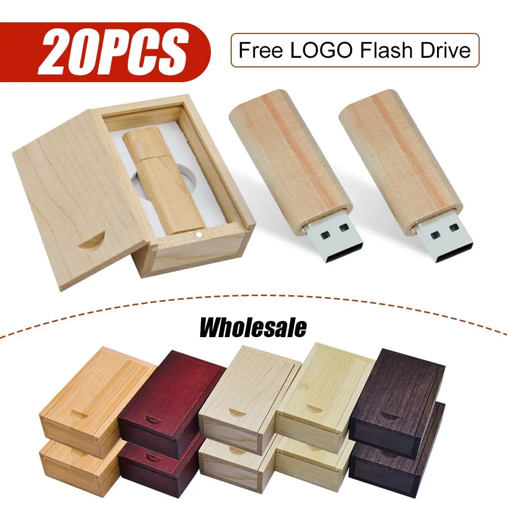 20 piezas por lote, unidad flash USB 2,0 de madera con logotipo gratis, memoria USB de 4GB, 8GB, 16GB, 32GB, 64GB, venta al por mayor para boda