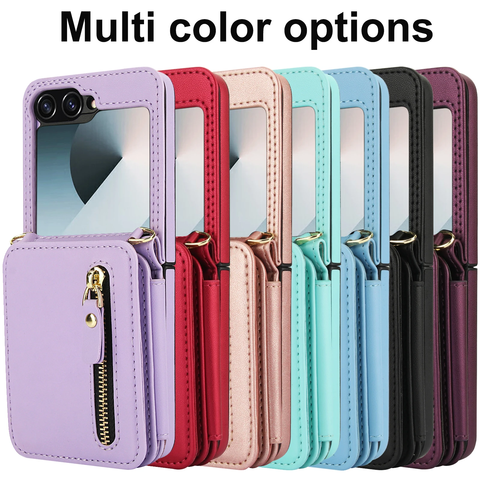 Cordón con cremallera tarjetas tipo billetera Solt Kickstand funda de teléfono de piel sintética para Samsung Galaxy Z Flip 6 5 4 3 funda cruzada Flip6 - imagen 5