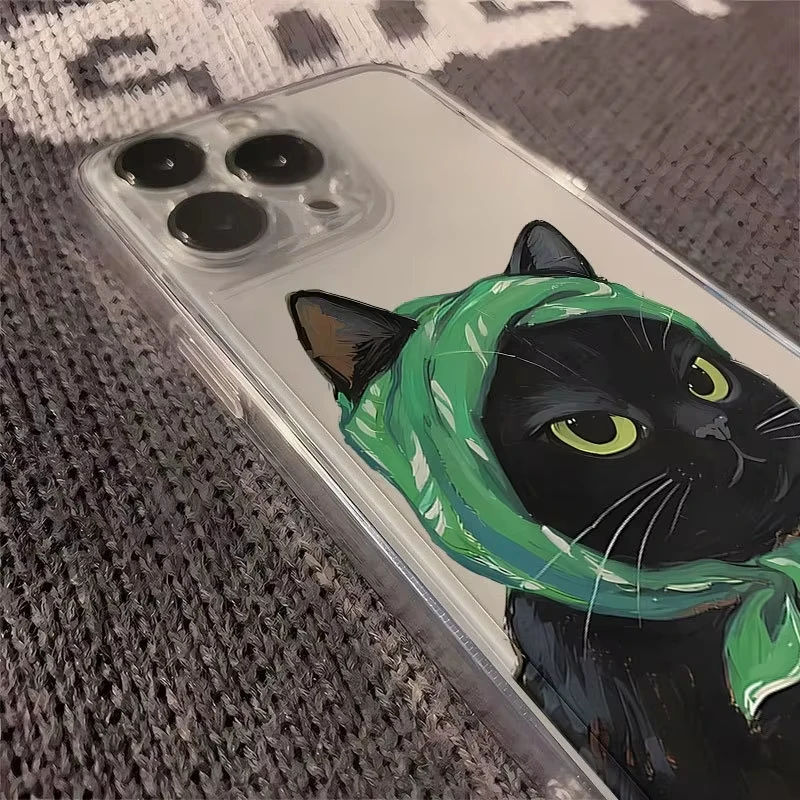 Bufanda de dibujos animados, funda de teléfono con patrón de gato negro para iPhone 17 Air X XR XS Max Mini 16 15 14 13 12 11 Pro Max, funda suave de tendencia encantadora - imagen 5