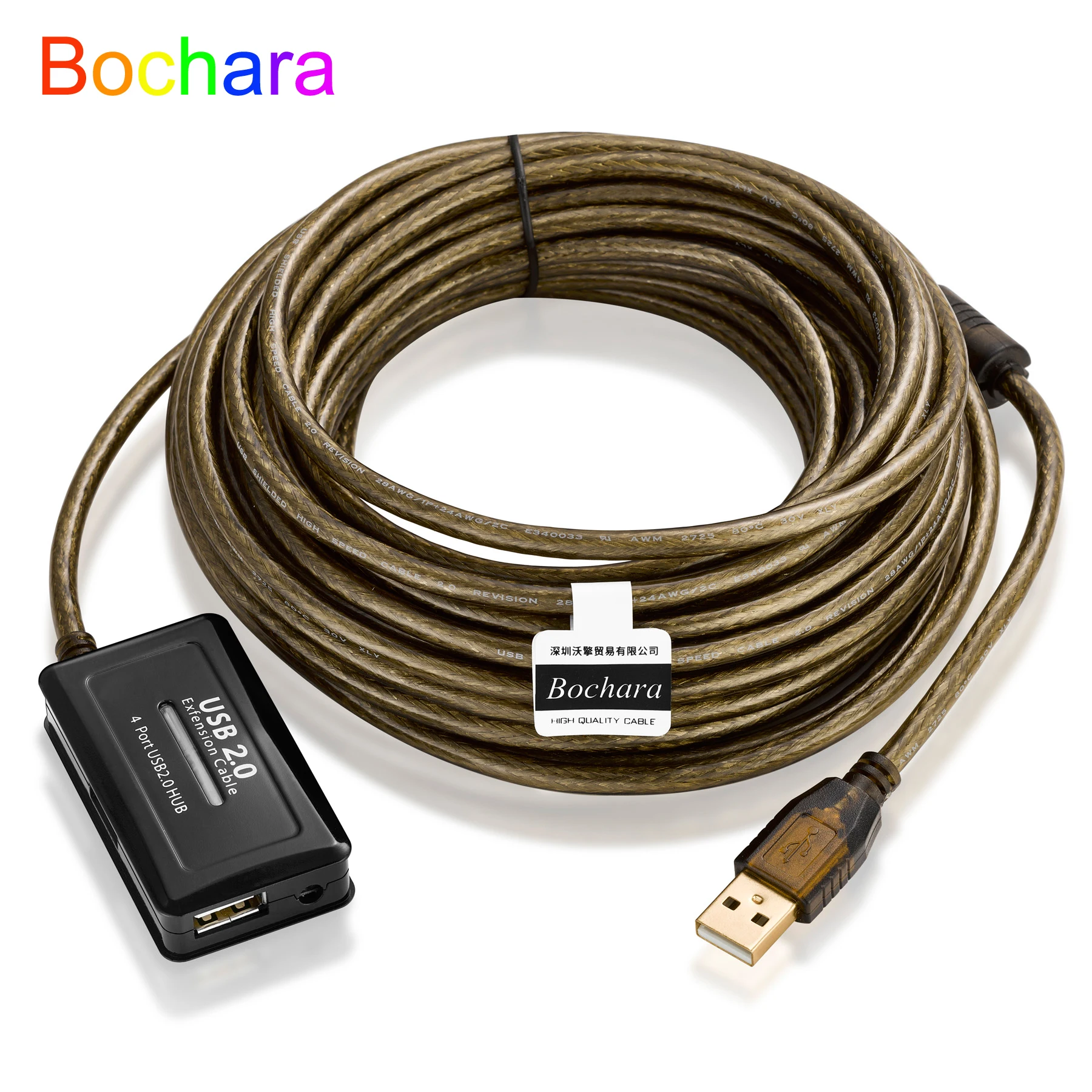 Bochara-cable de extensión de concentrador USB 2,0, 4 puertos, lámina macho a hembra + trenzado blindado, Chipset IC integrado, doble blindado, 5M, 10M